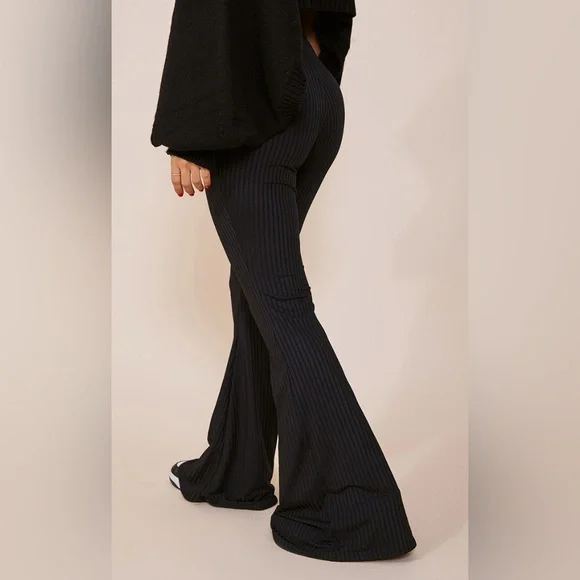 Petite Black Flare Ribbed Pants - NEW - Picture 3 of 5